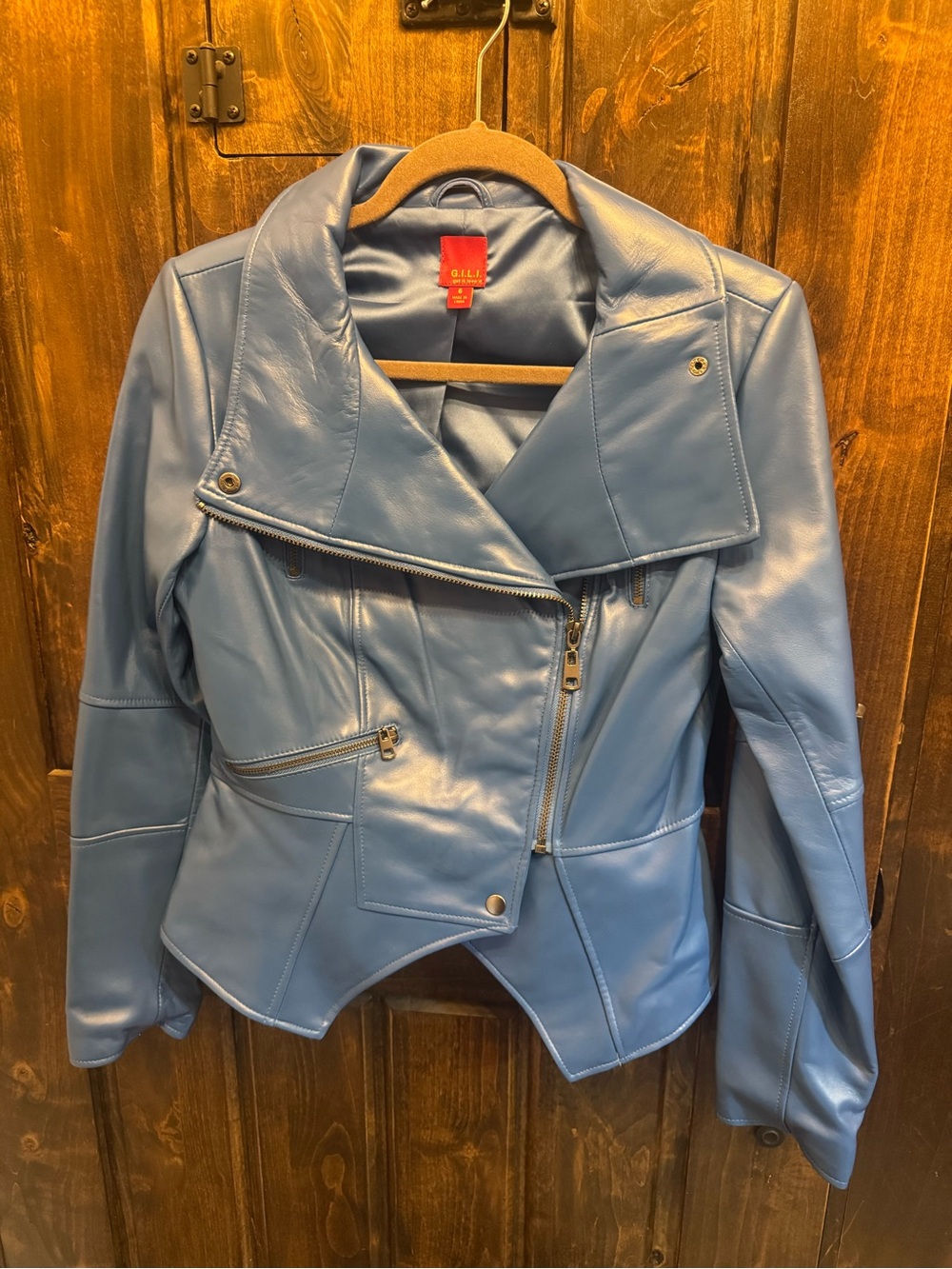 G.I.L.I. Dusty Blue Asymmetrical Leather Moto Jacket
